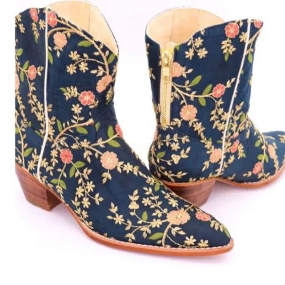 Mono Free People Eloise Embroidered Navy/Gold Floral Ankle Boots Sz 7/38 New - Picture 5 of 12